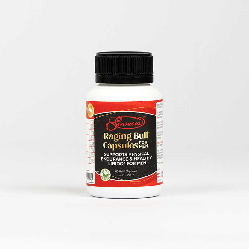 Sensuous Raging Bull 60-capsule bottle, an ARTG-listed supplement for male libido and physical endurance.