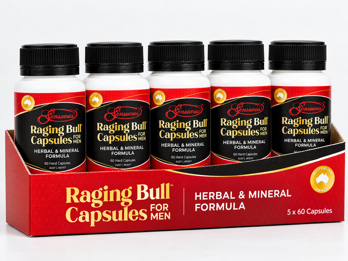 Raging Bull Capsules for Men five-bottle display pack – Sensuous