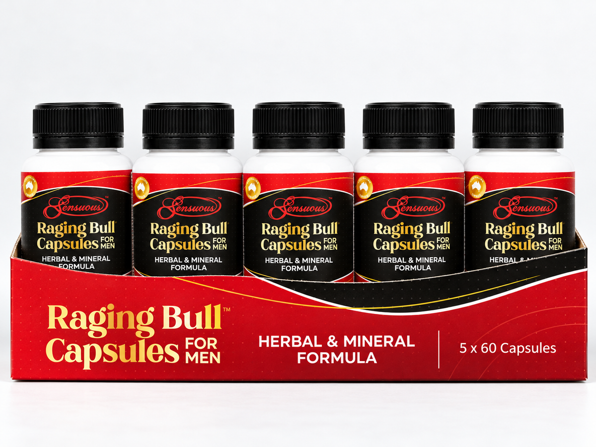 Raging Bull Capsules for Men retail display, 5 x 60 capsules – Sensuous