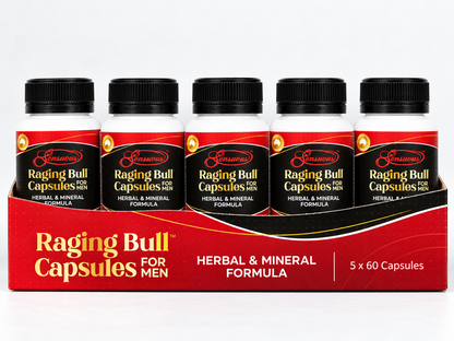 Raging Bull Capsules for Men retail display, 5 x 60 capsules – Sensuous