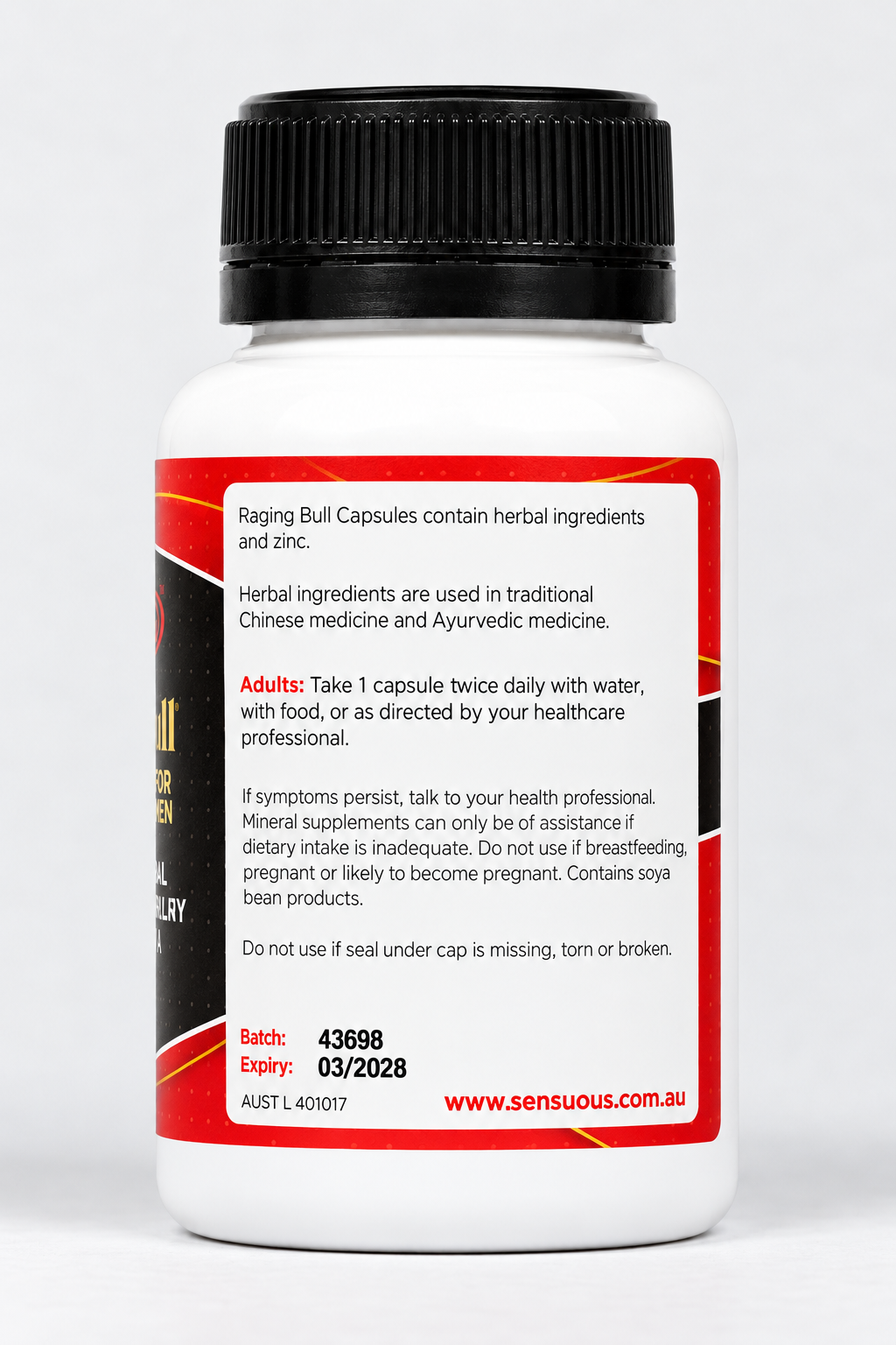 Raging Bull Capsules for Men directions and warning label – Sensuous