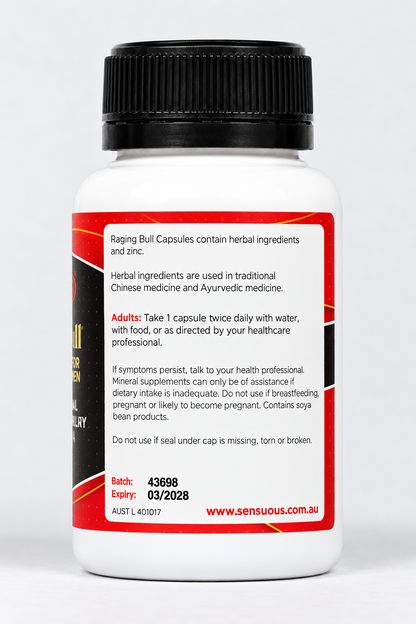 Raging Bull Capsules for Men directions and warning label – Sensuous